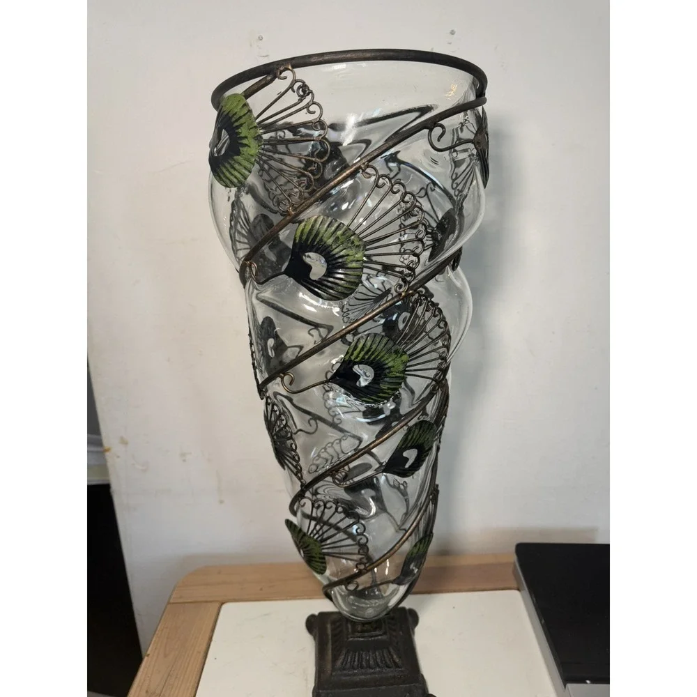 Vintage Hand Blown Cast Iron Large Peacock Feather Vase